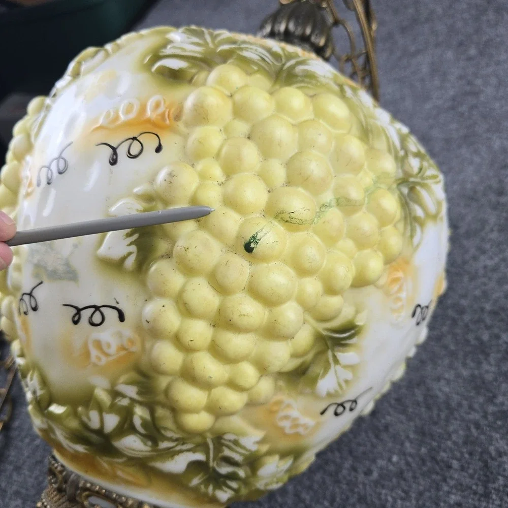 Vintage Mid-Century Hanging Swag Lamp Grape Pattern Glass Globe 25″‎ Pull Chain